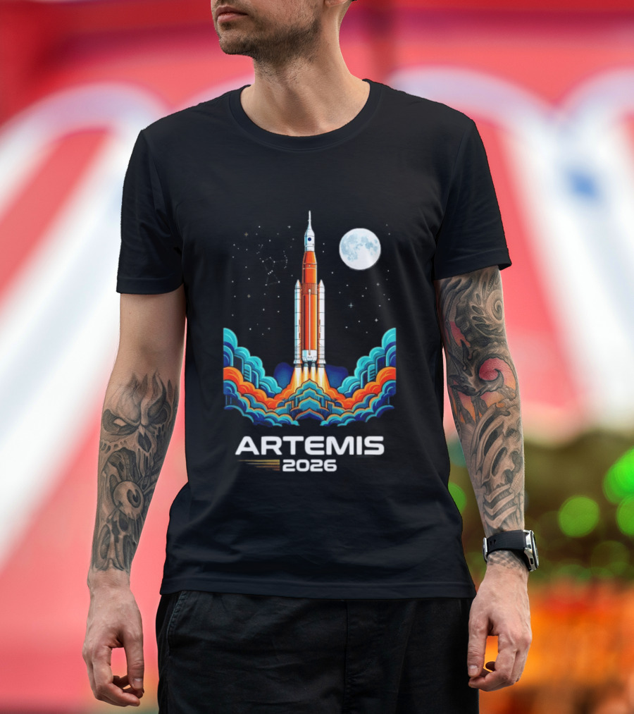 Artemis 2026 Moon Mission Rocket Launch With Vibrant Waves And Full Moon T-Shirt