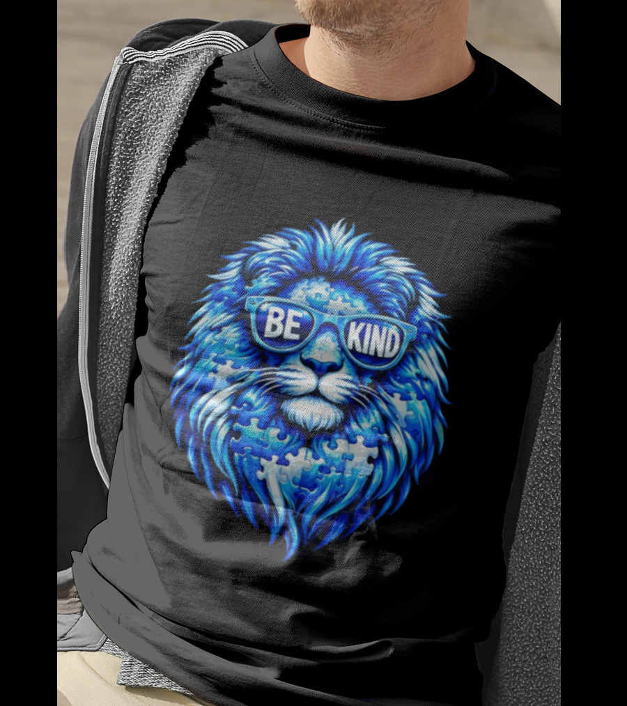 Blue Lion Be Kind Sunglasses Autism Awareness Puzzle T-Shirt