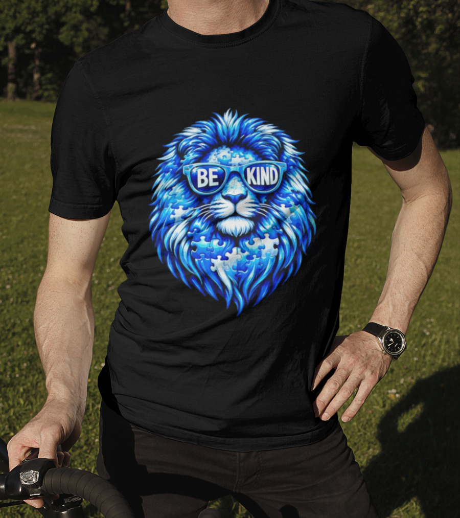 Blue Lion Be Kind Sunglasses Autism Awareness Puzzle T-Shirt