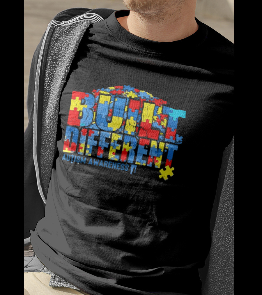 Built Different Autism Awareness Puzzle Piece Multicolor T-Shirt