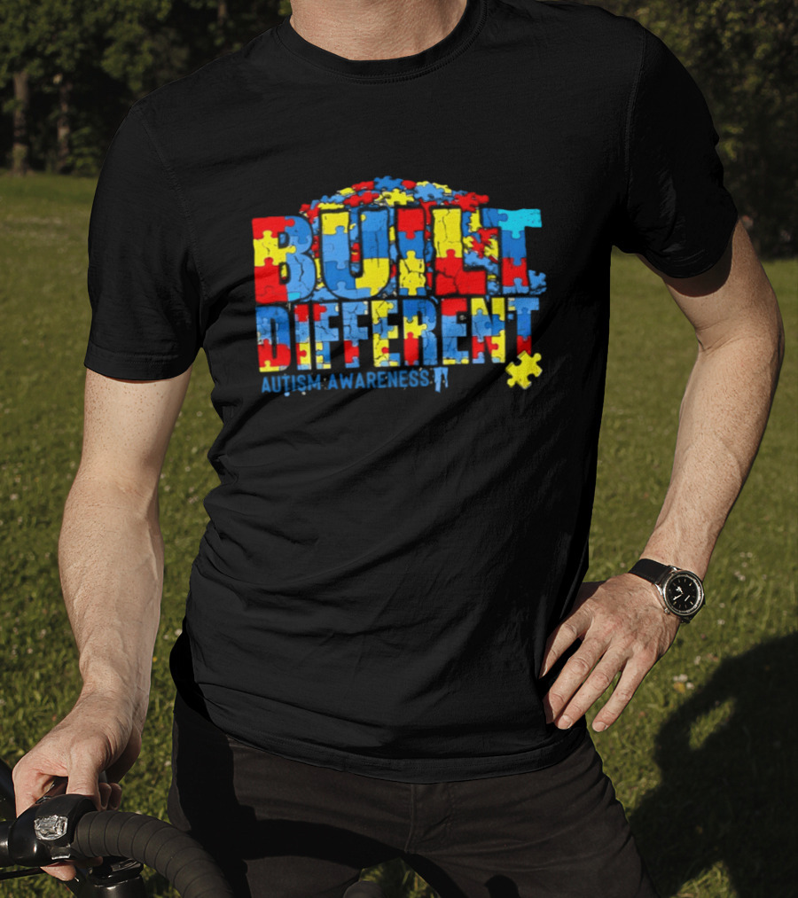 Built Different Autism Awareness Puzzle Piece Multicolor T-Shirt
