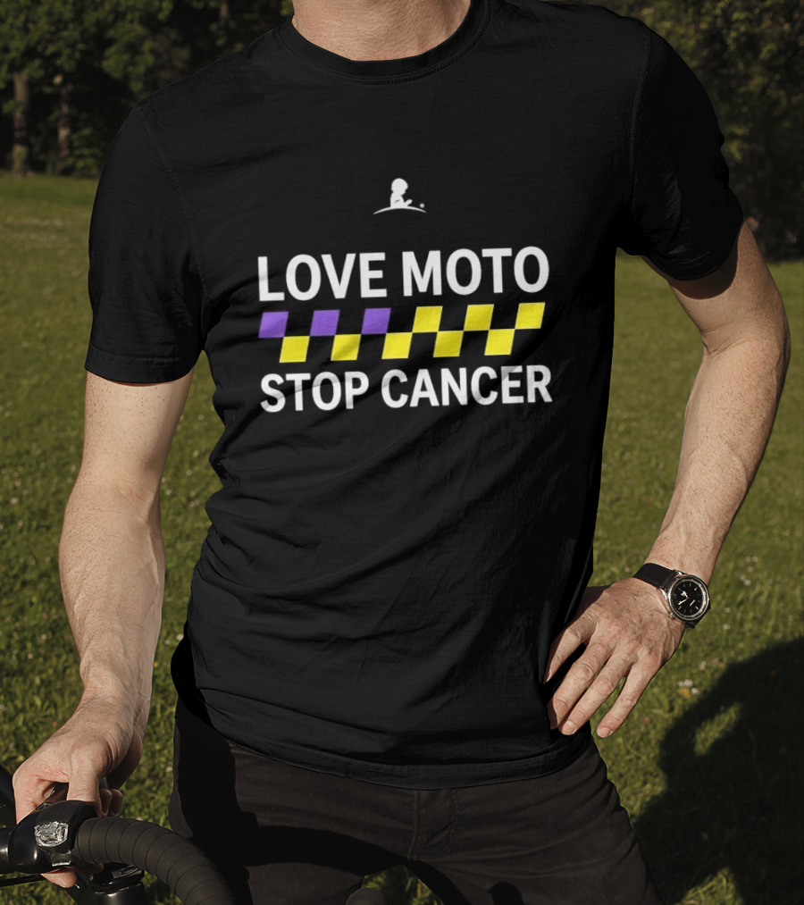 Love Moto Stop Cancer St. Jude Purple Yellow Checkered Racing T-Shirt