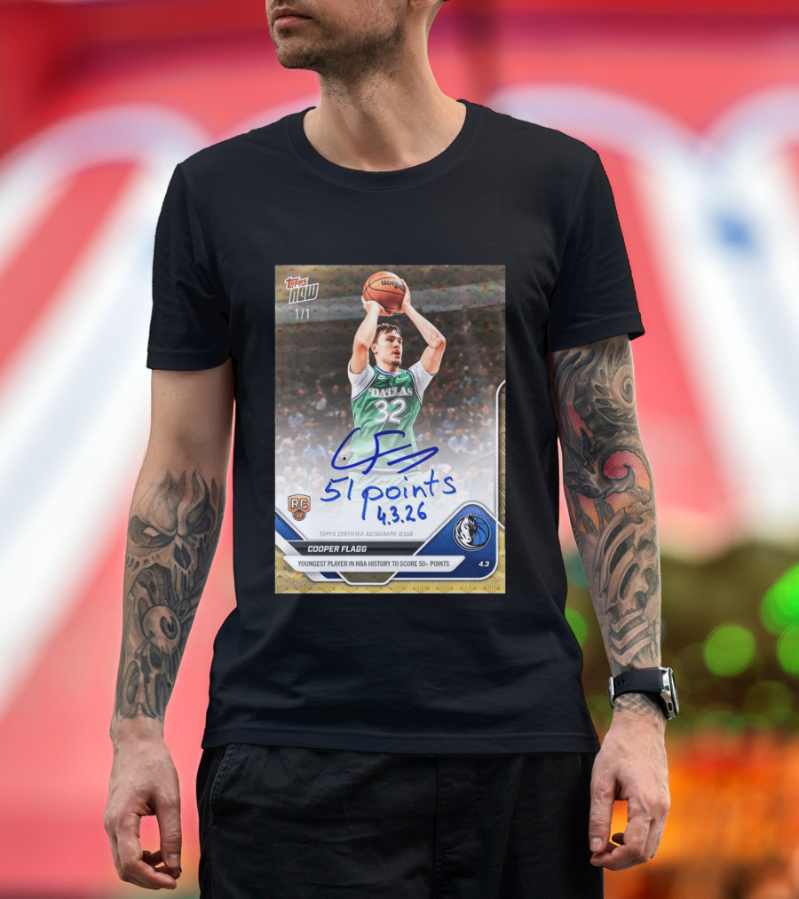 Topps Now Cooper Flagg 51 Points Youngest NBA History Dallas Mavericks Rookie Card T-Shirt