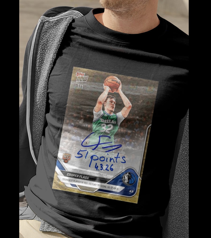 Topps Now Cooper Flagg 51 Points Youngest NBA History Dallas Mavericks Rookie Card T-Shirt