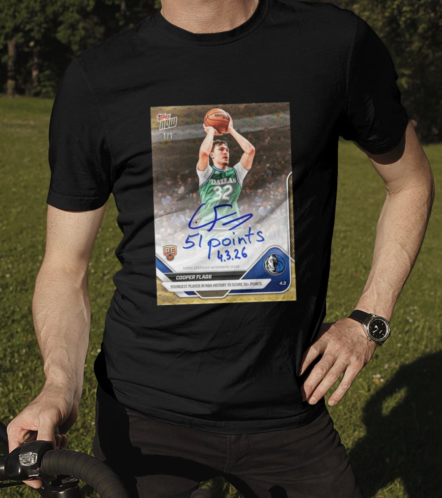 Topps Now Cooper Flagg 51 Points Youngest NBA History Dallas Mavericks Rookie Card T-Shirt