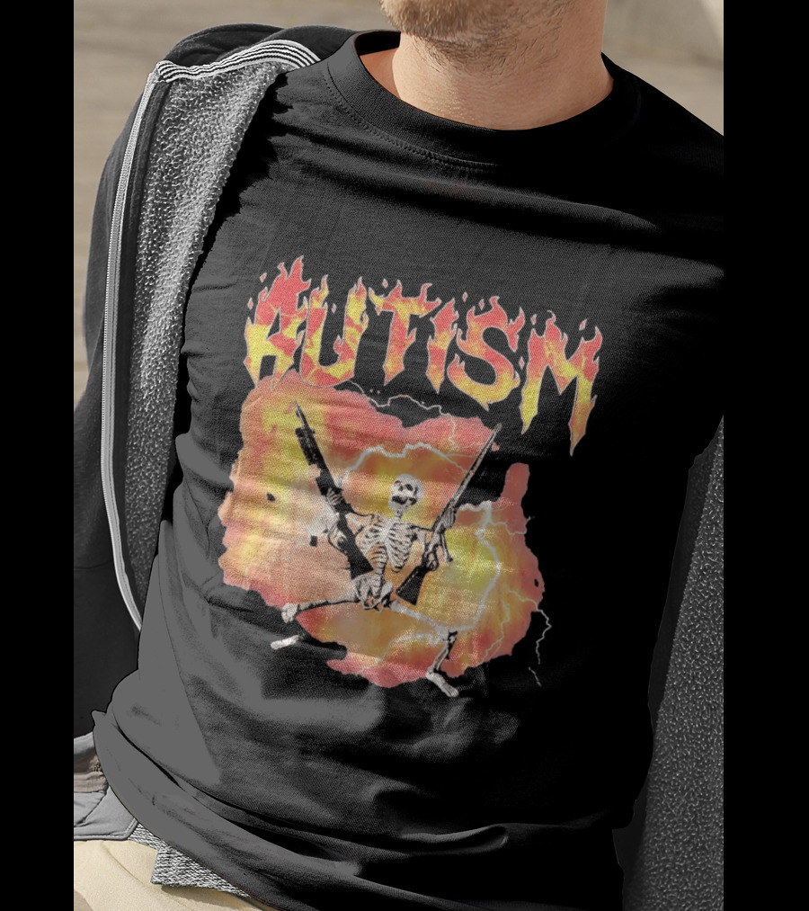 Autism Flaming Skeleton Meme Guns Edgy Fire T-Shirt