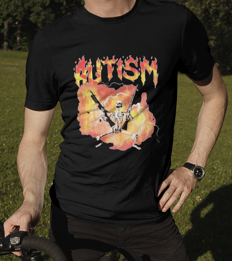Autism Flaming Skeleton Meme Guns Edgy Fire T-Shirt