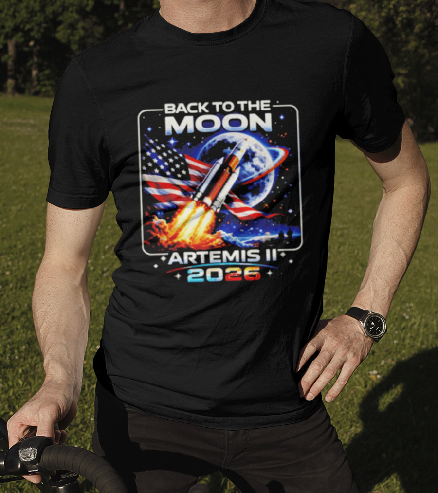 Back To The Moon Artemis II 2026 Rocket Launch Space Mission USA Flag T-Shirt