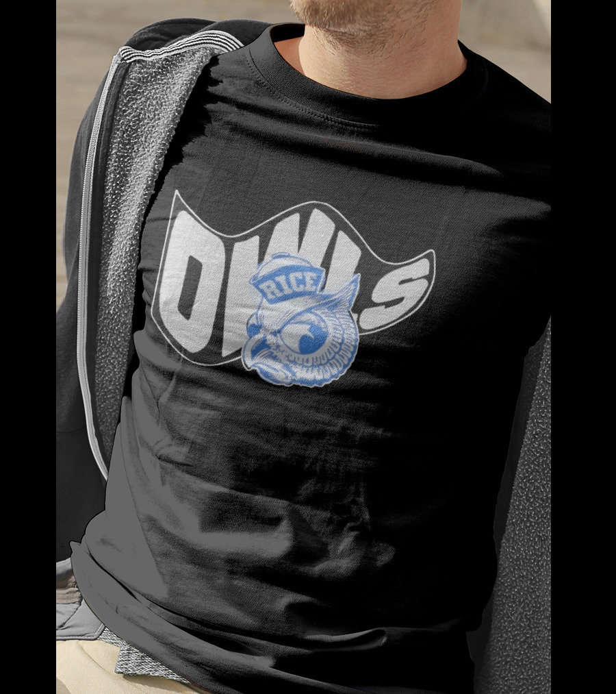 Rice Owls Waving Flag Bold Script With Blue Owl T-Shirt