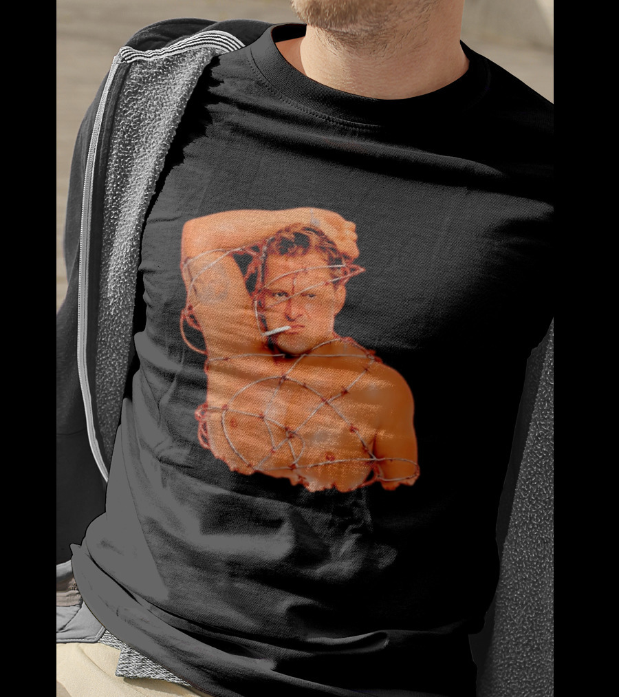 Sandman Barbed Wire Screenprinted Wrapping Wrestler With Cigarette T-Shirt