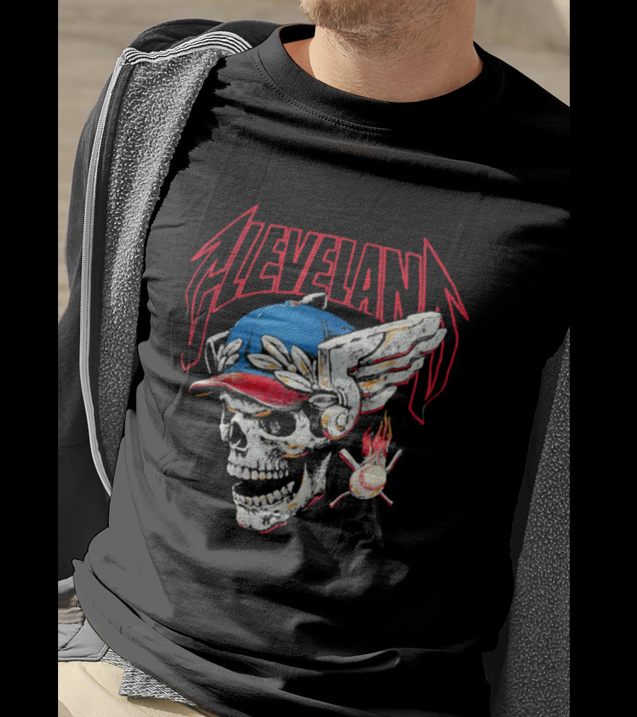 Cleveland Skull Flames Winged Helmet Baseball Bat And Ball T-Shirt