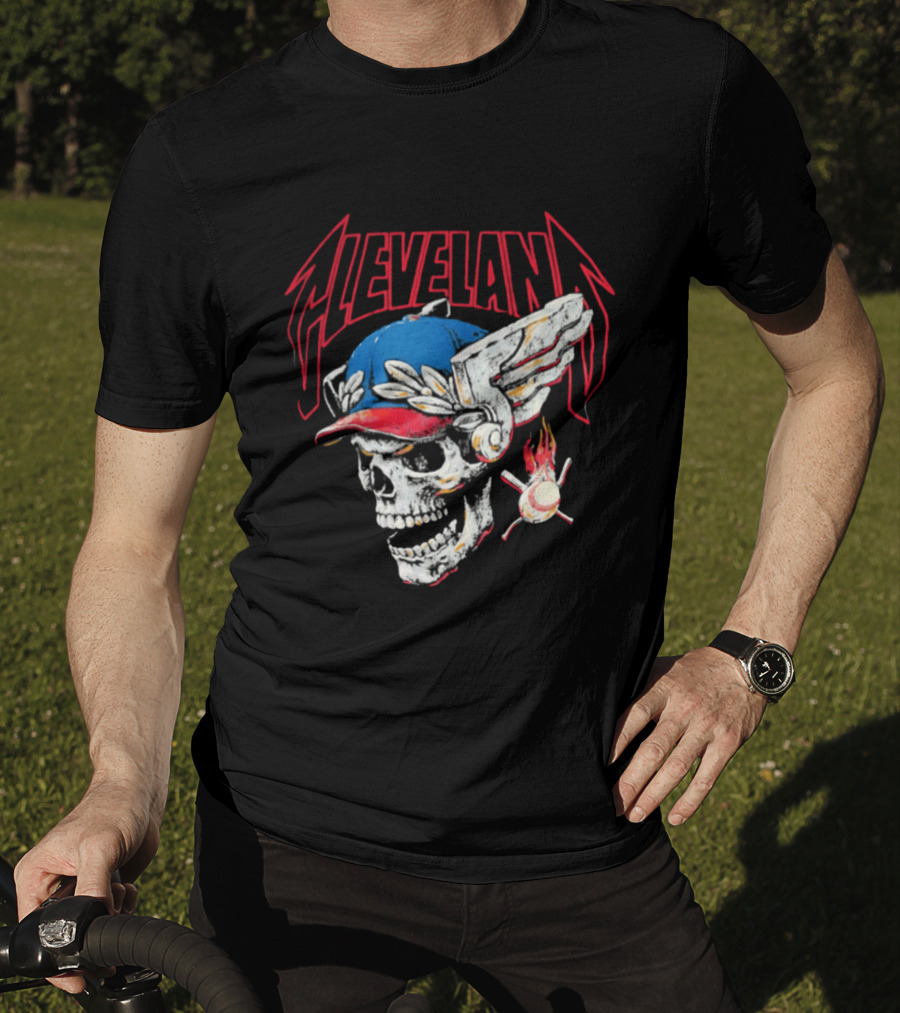 Cleveland Skull Flames Winged Helmet Baseball Bat And Ball T-Shirt