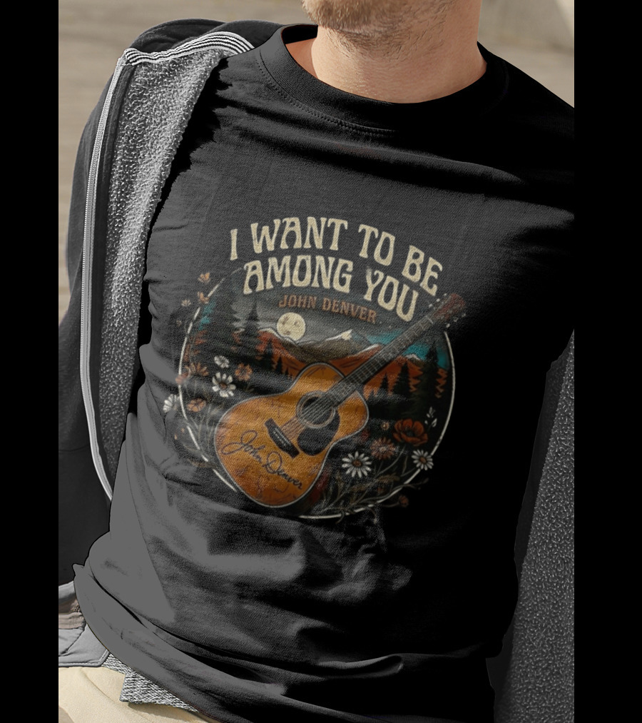 I Want To Be Among You John Denver Guitar Moonlit Mountain Scene T-Shirt