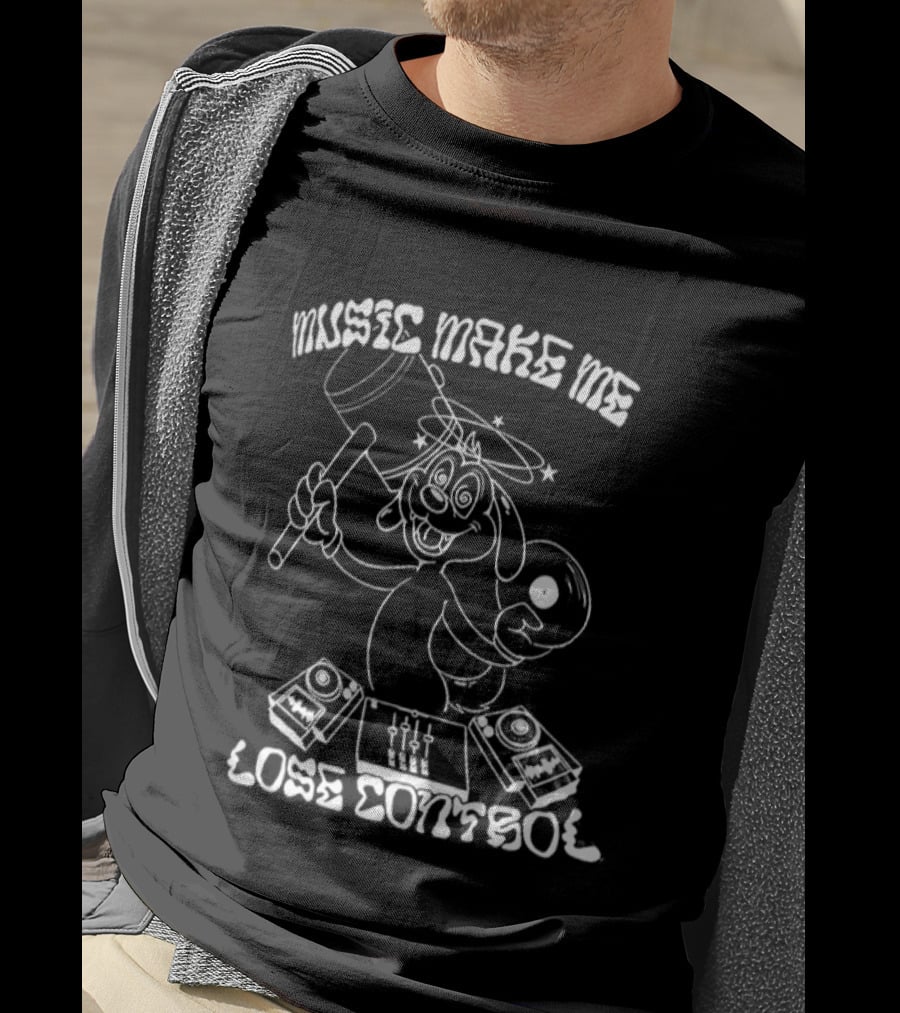 Music Make Me Lose Control Cartoon DJ Rabbit With Vinyl And Keyboard T-Shirt