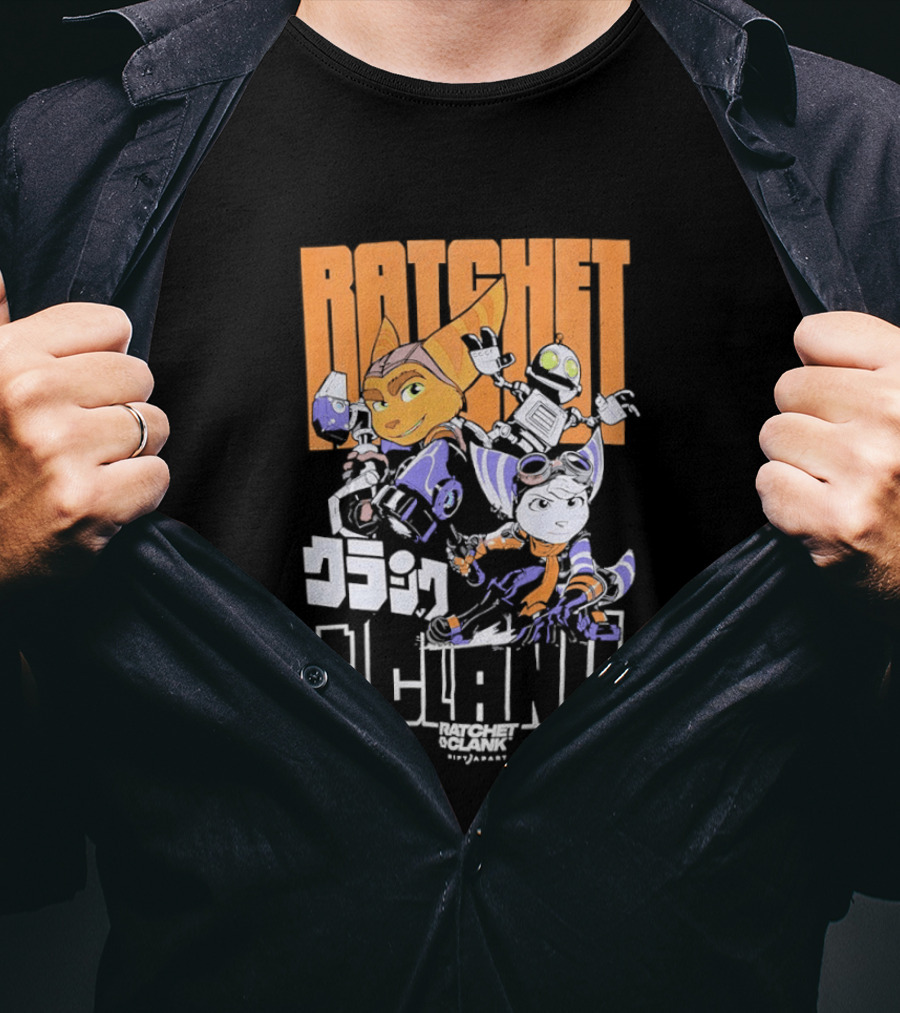 Ratchet And Clank Characters Orange And White Illustration With Japanese T-Shirt