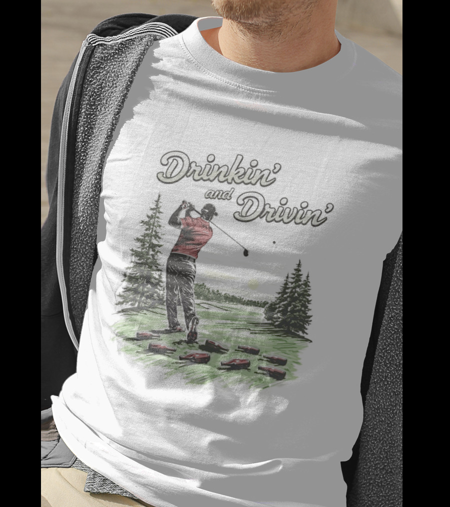 Drinkin' And Drivin' Man Playing Golf With Sunset And Trees T-Shirt