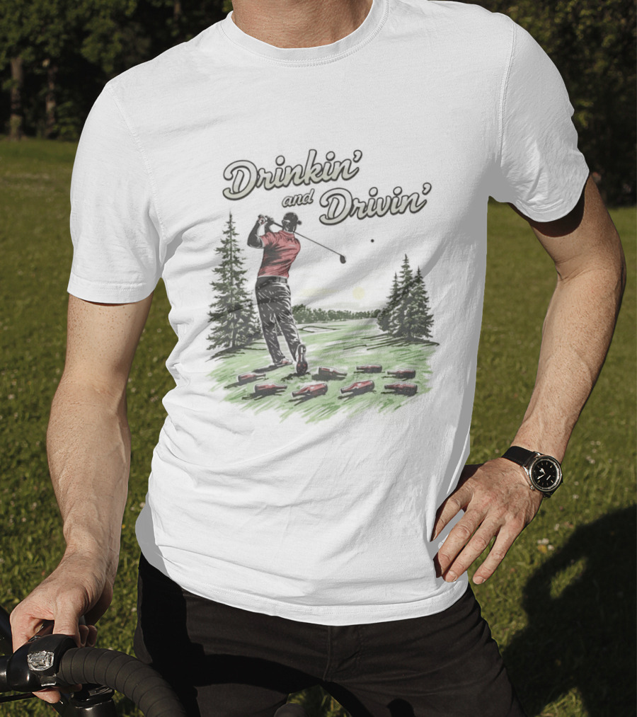 Drinkin' And Drivin' Man Playing Golf With Sunset And Trees T-Shirt