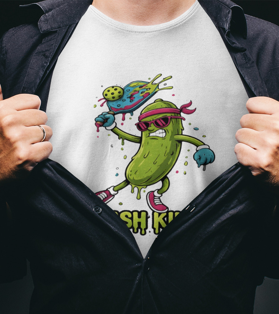 Smash King Pickleball Pickle Character With Paddle And Ball T-Shirt