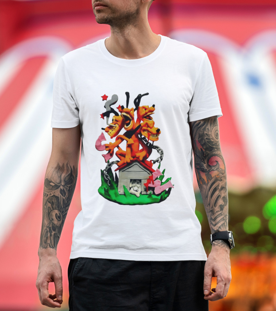 Three Head Monster Dog Cerberus Cartoon Chain House Statue T-Shirt