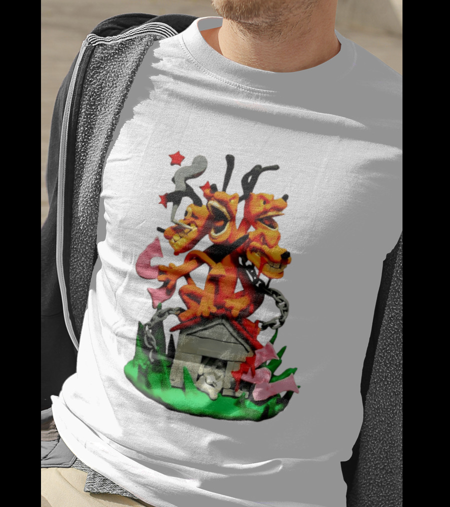Three Head Monster Dog Cerberus Cartoon Chain House Statue T-Shirt