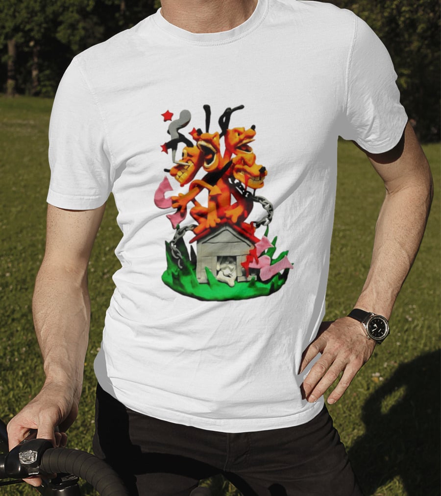 Three Head Monster Dog Cerberus Cartoon Chain House Statue T-Shirt