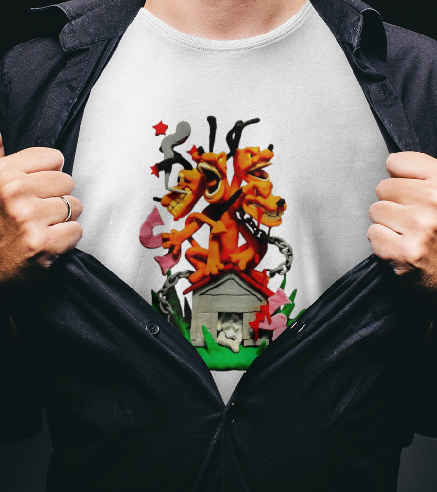 Three Head Monster Dog Cerberus Cartoon Chain House Statue T-Shirt