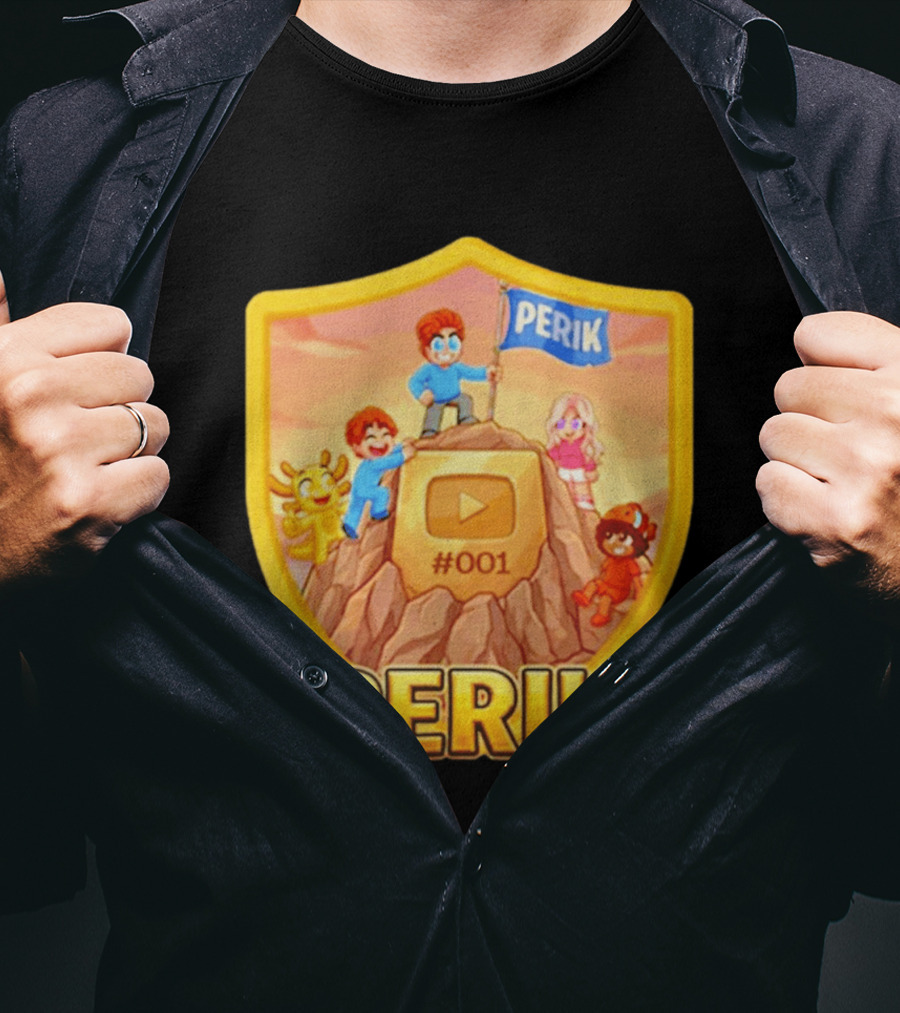 Perik #001 Cartoon Characters On Mountain With YouTube Play Button Image T-Shirt