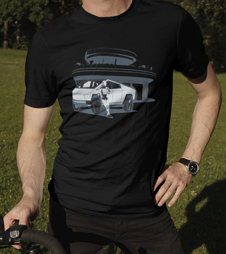 Tesla Cybertruck And Robot At Space Age Coffee Counter T-Shirt