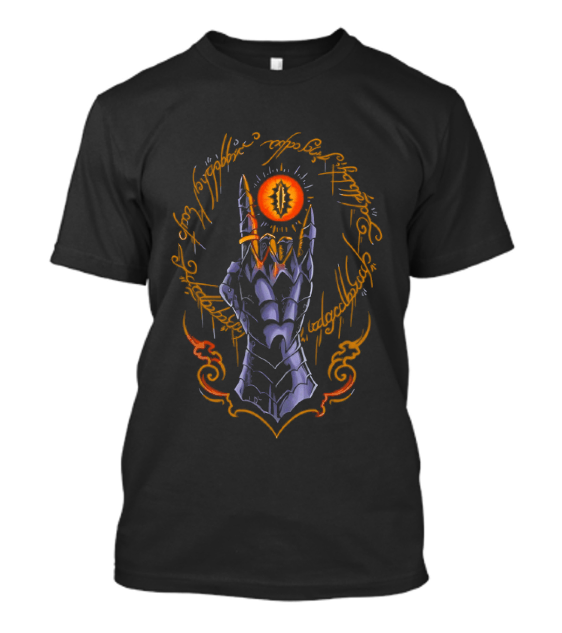 The Cursed One Heavy Metal Sauron Hand And Eye Icon With Elvish Script T-Shirt