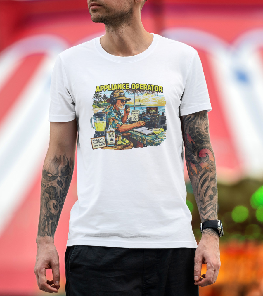 Appliance Operator Radio Margarita In Progress Stay Tuned Beach Tropical Scene T-Shirt