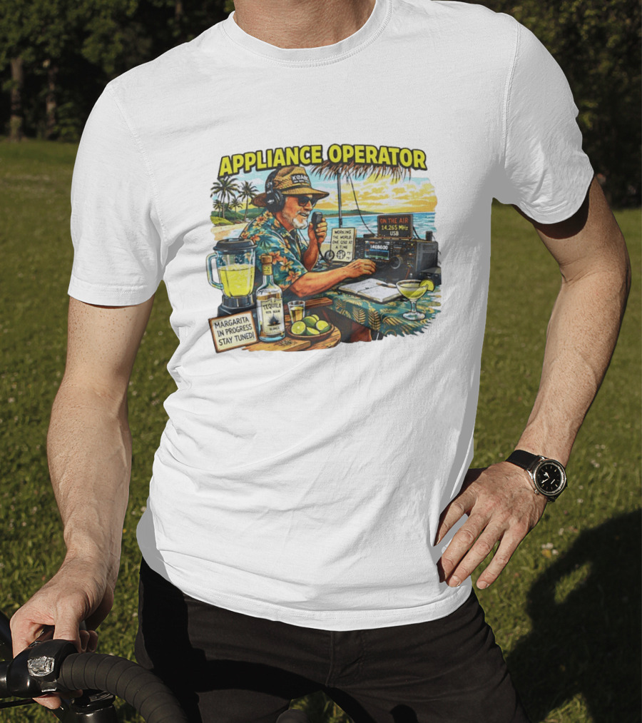 Appliance Operator Radio Margarita In Progress Stay Tuned Beach Tropical Scene T-Shirt