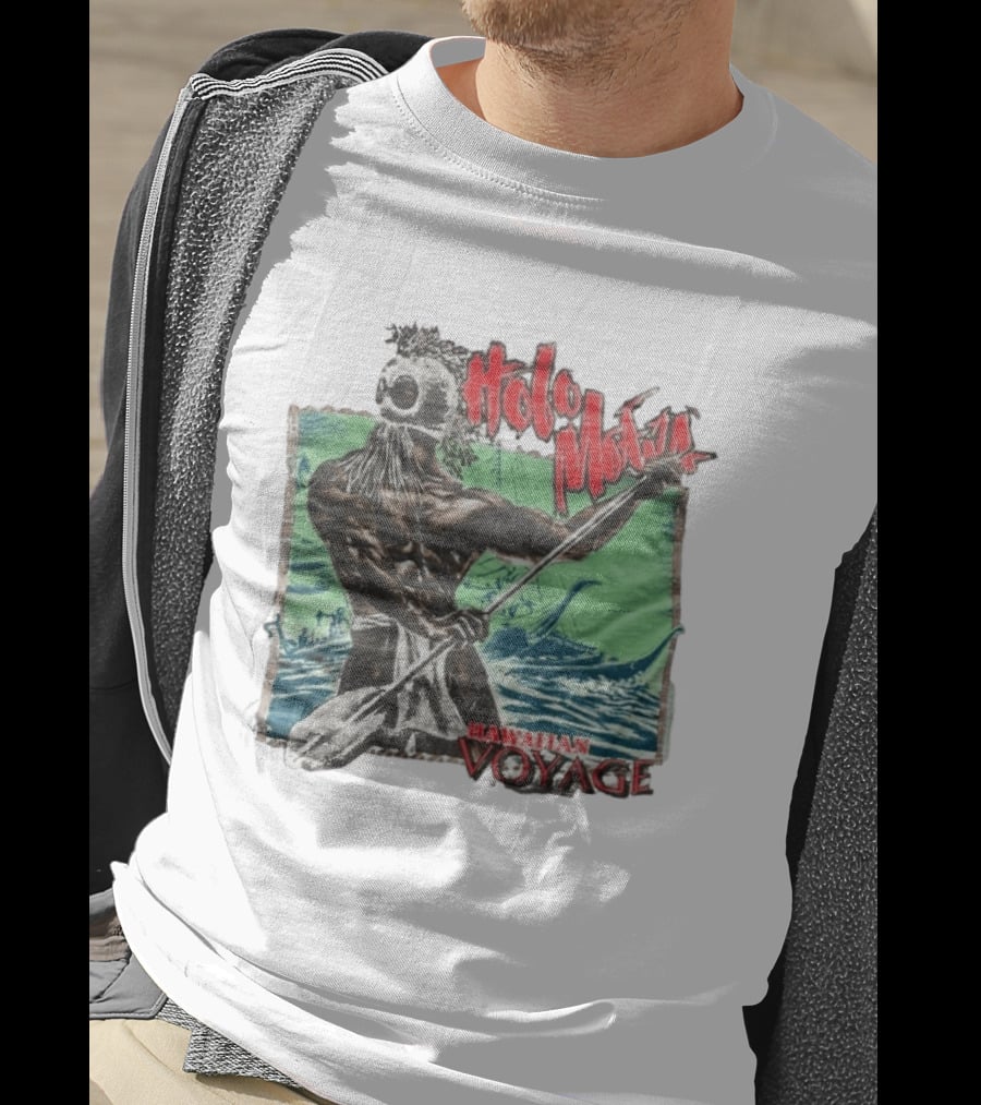 Holo Moana Hawaiian Voyage Paddler With Tribal Mask And Canoe Scene T-Shirt