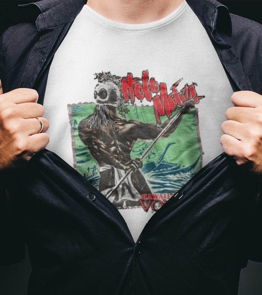 Holo Moana Hawaiian Voyage Paddler With Tribal Mask And Canoe Scene T-Shirt