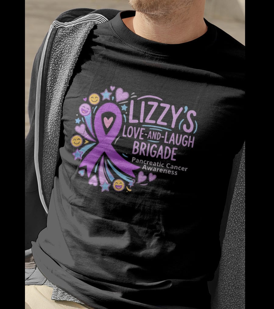Lizzy's Love And Laugh Brigade Pancreatic Cancer Awareness Purple Ribbon Hearts And Smiles T-Shirt