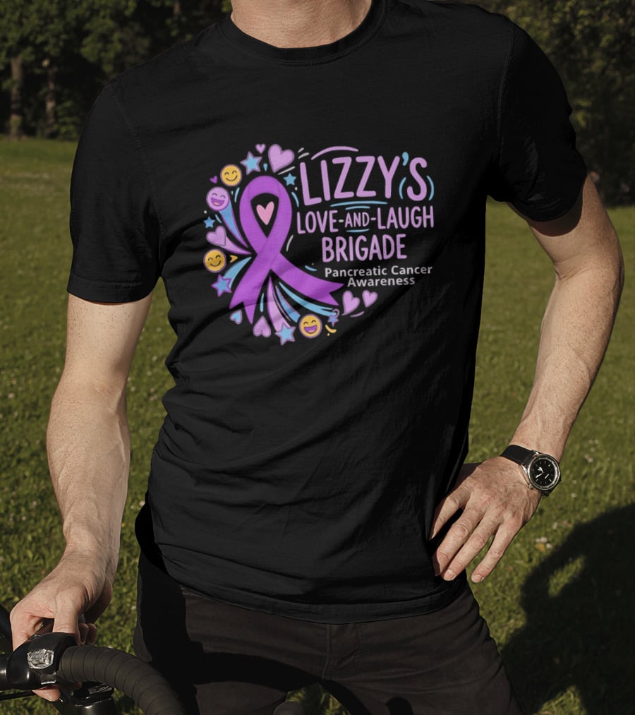Lizzy's Love And Laugh Brigade Pancreatic Cancer Awareness Purple Ribbon Hearts And Smiles T-Shirt