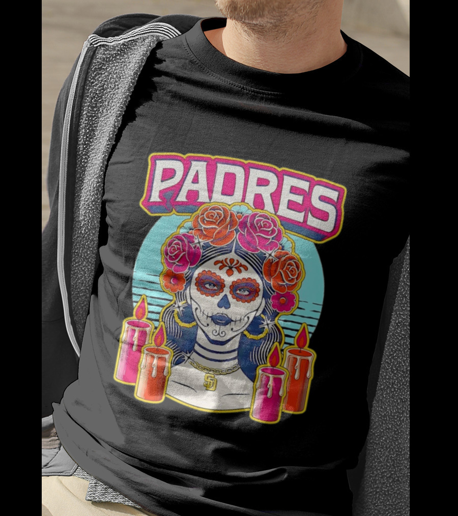 San Diego Padres La Catrina Dia De Los Muertos Candles And Flowers T-Shirt