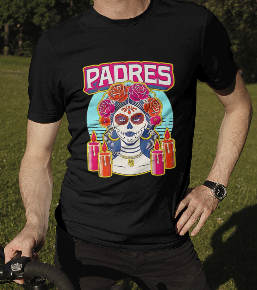 San Diego Padres La Catrina Dia De Los Muertos Candles And Flowers T-Shirt