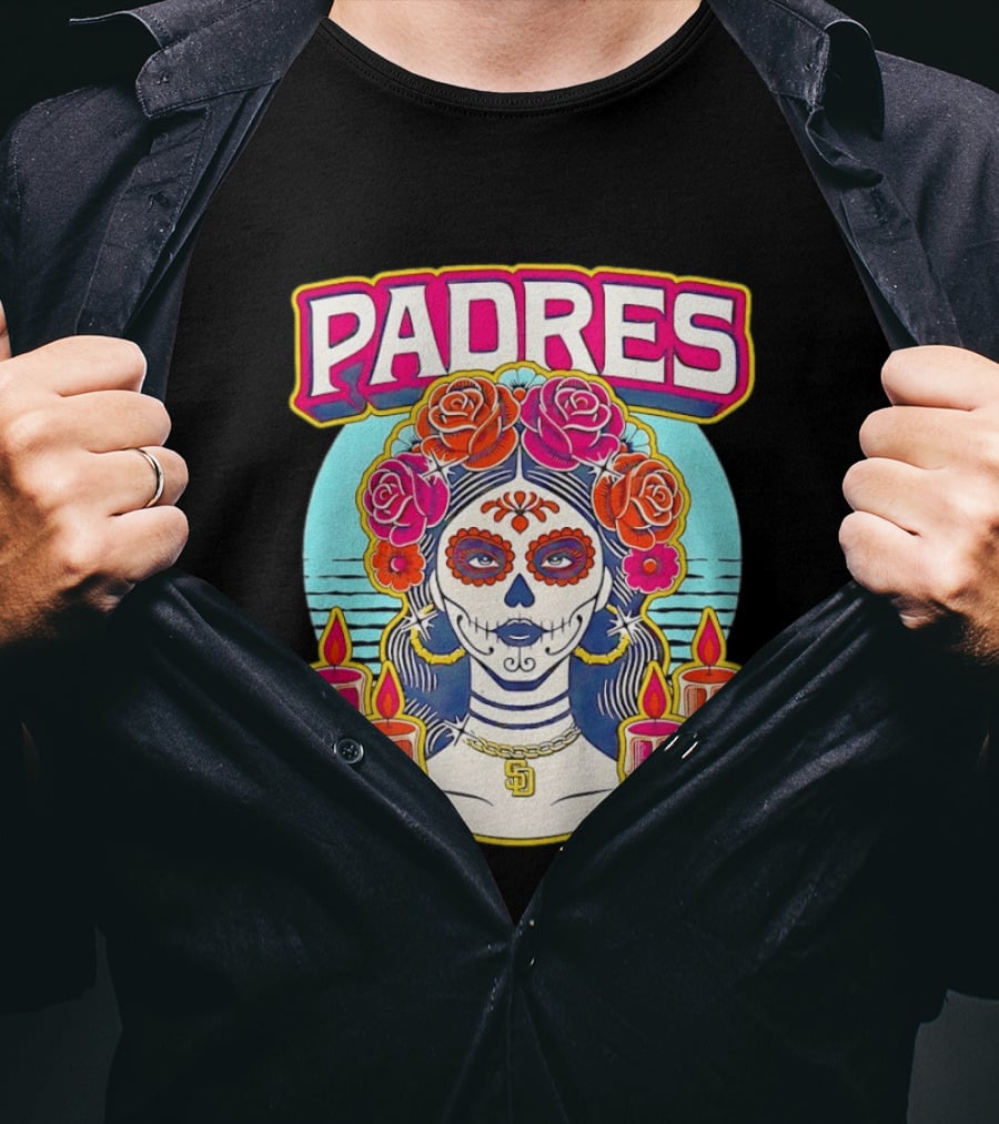 San Diego Padres La Catrina Dia De Los Muertos Candles And Flowers T-Shirt