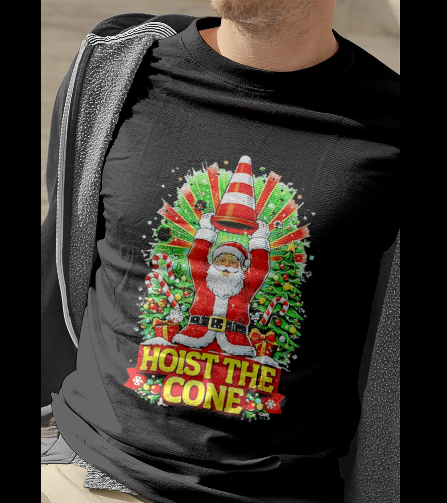 Santa Hoist The Cone Christmas Lights Tree Candy Canes T-Shirt