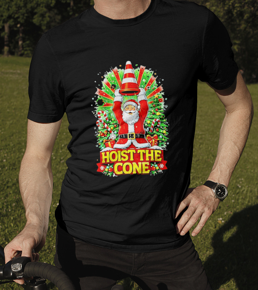 Santa Hoist The Cone Christmas Lights Tree Candy Canes T-Shirt