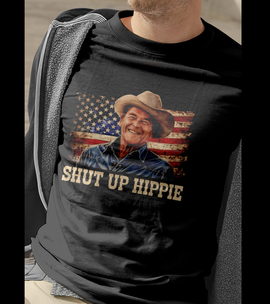 Shut Up Hippie Ronald Reagan Cowboy Hat American Flag T-Shirt