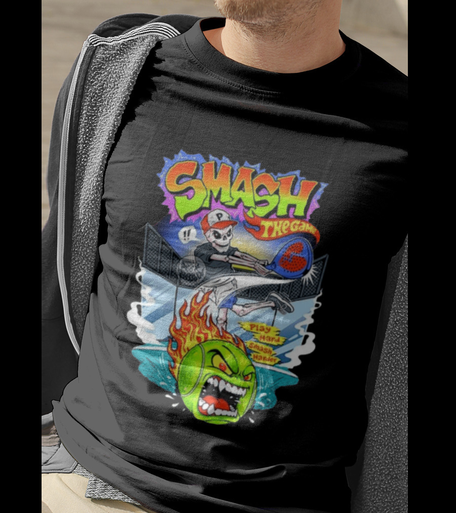 Smash The Game Play Hard Smash Harder Skeleton Playing Pickleball With Fiery Ball And Court T-Shirt