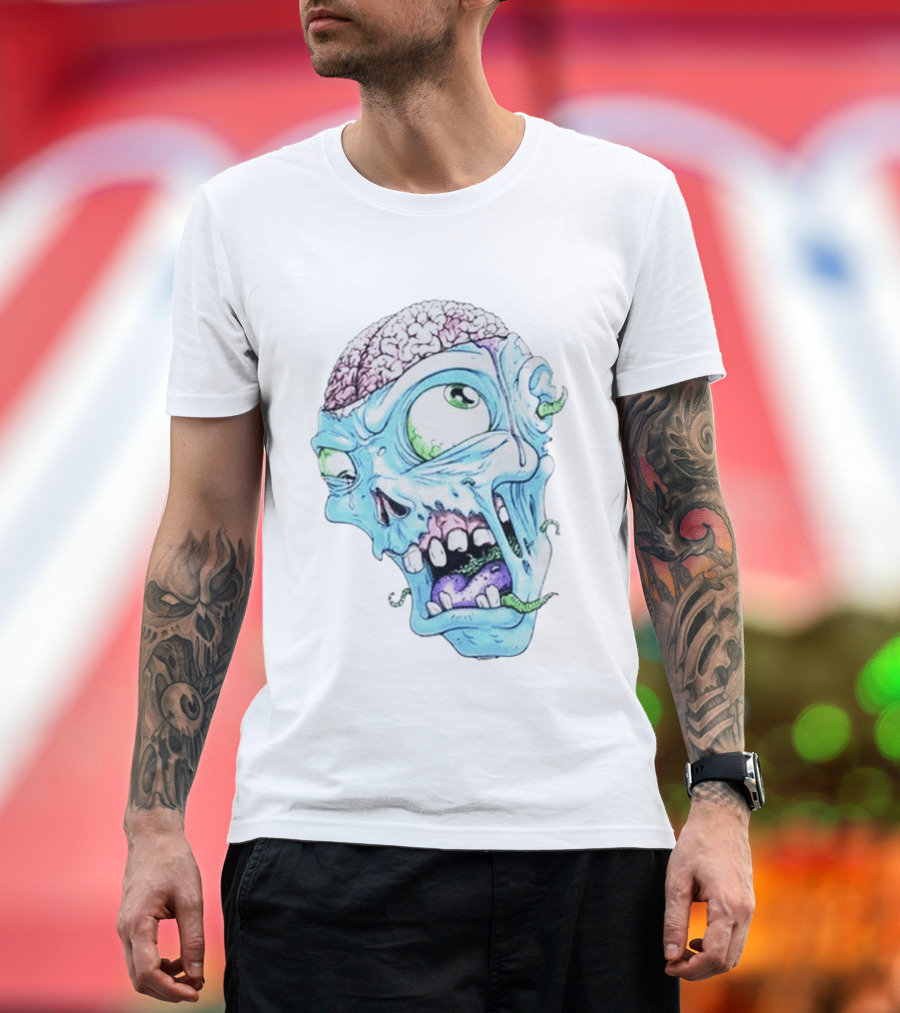 Annoyed Monster Head Zombie Skull Illustration With Exposed Brain And Worms T-Shirt