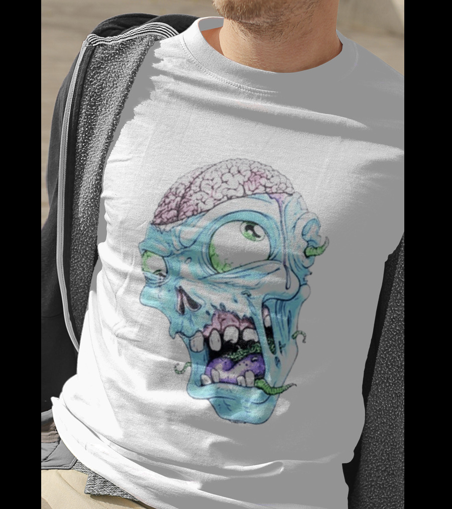 Annoyed Monster Head Zombie Skull Illustration With Exposed Brain And Worms T-Shirt