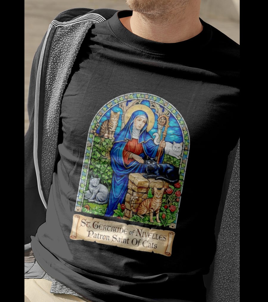 St. Gertrude Of Nivelles Patron Saint Of Cats Iconic Stained Glass Cat T-Shirt