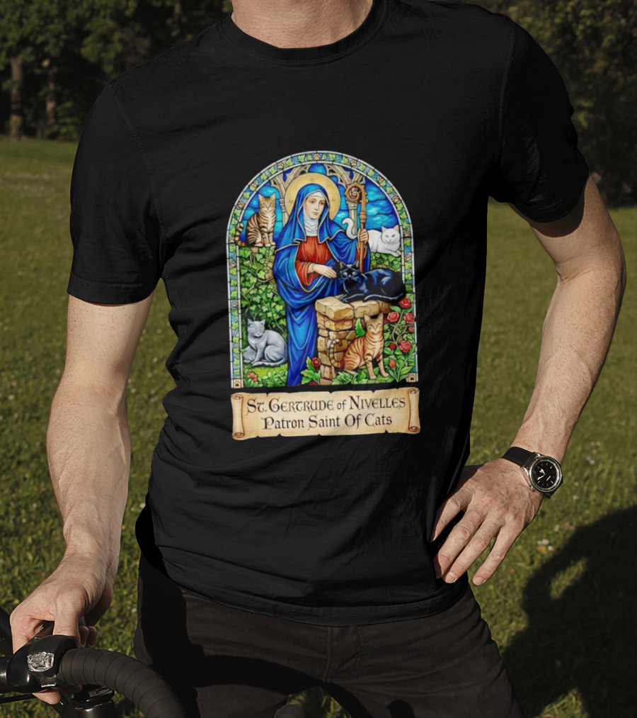 St. Gertrude Of Nivelles Patron Saint Of Cats Iconic Stained Glass Cat T-Shirt