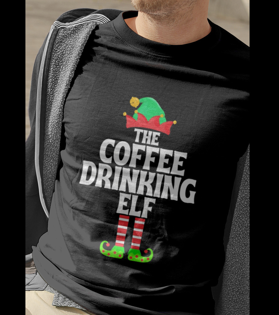 The Coffee Drinking Elf Red Green Jester Hat Striped Socks T-Shirt