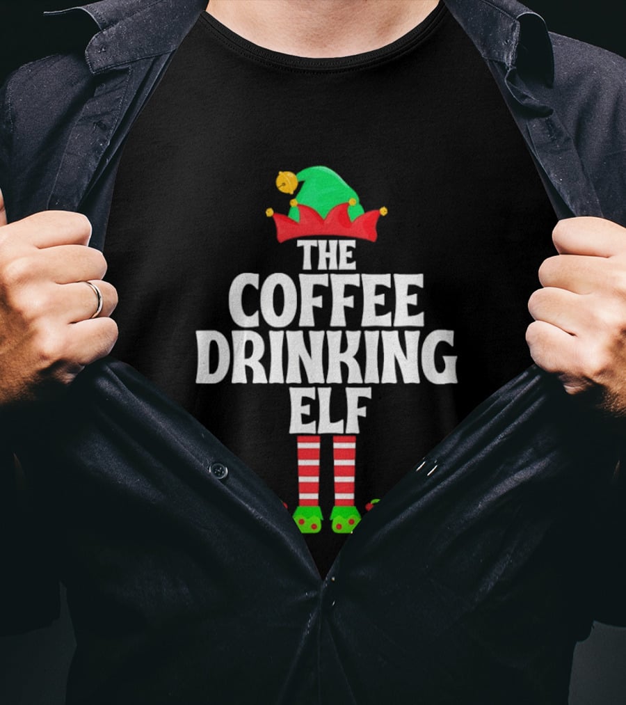 The Coffee Drinking Elf Red Green Jester Hat Striped Socks T-Shirt