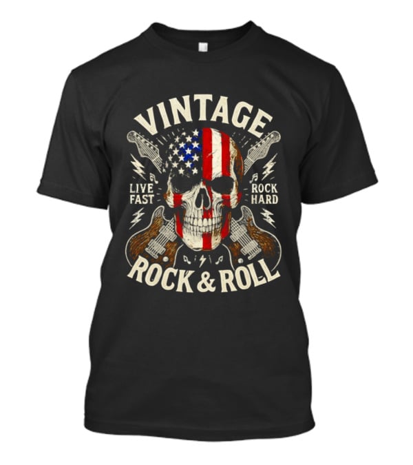 Vintage Skull American Flag Guitar Live Fast Rock Hard Rock & Roll T-Shirt