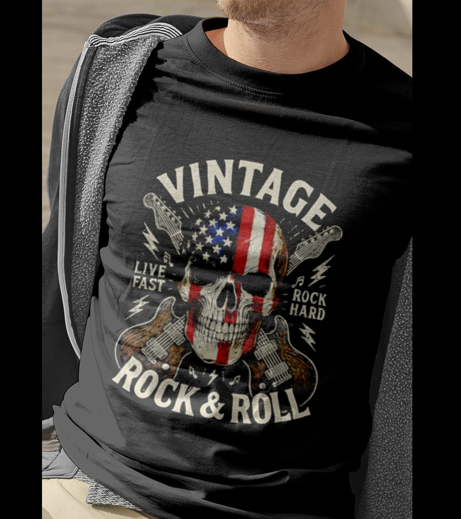 Vintage Skull American Flag Guitar Live Fast Rock Hard Rock & Roll T-Shirt